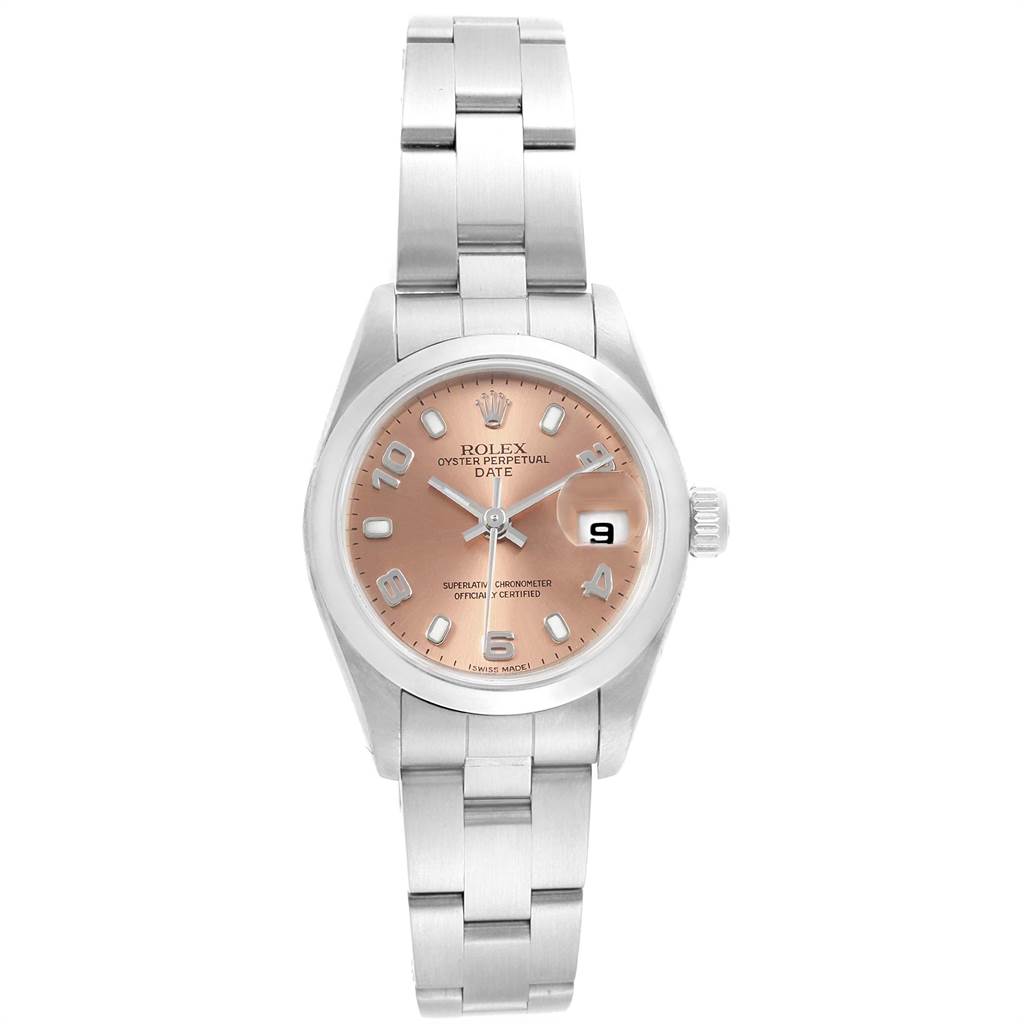 This image shows a front view of a Rolex Date 79160 Women's Stainless Steel Pink Dial 79160 Women's Stainless Steel Pink Dial model watch, featuring a pink dial with a date window and silver bracelet.