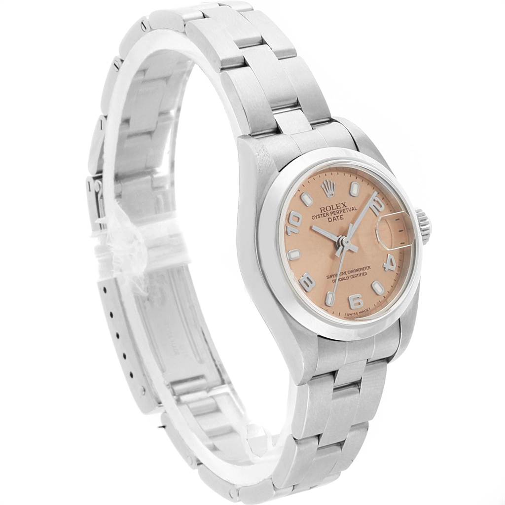 This image shows a Rolex Date 79160 Women's Stainless Steel Pink Dial 79160 Women's Stainless Steel Pink Dial model watch angled to display the dial, bracelet, and part of the clasp.