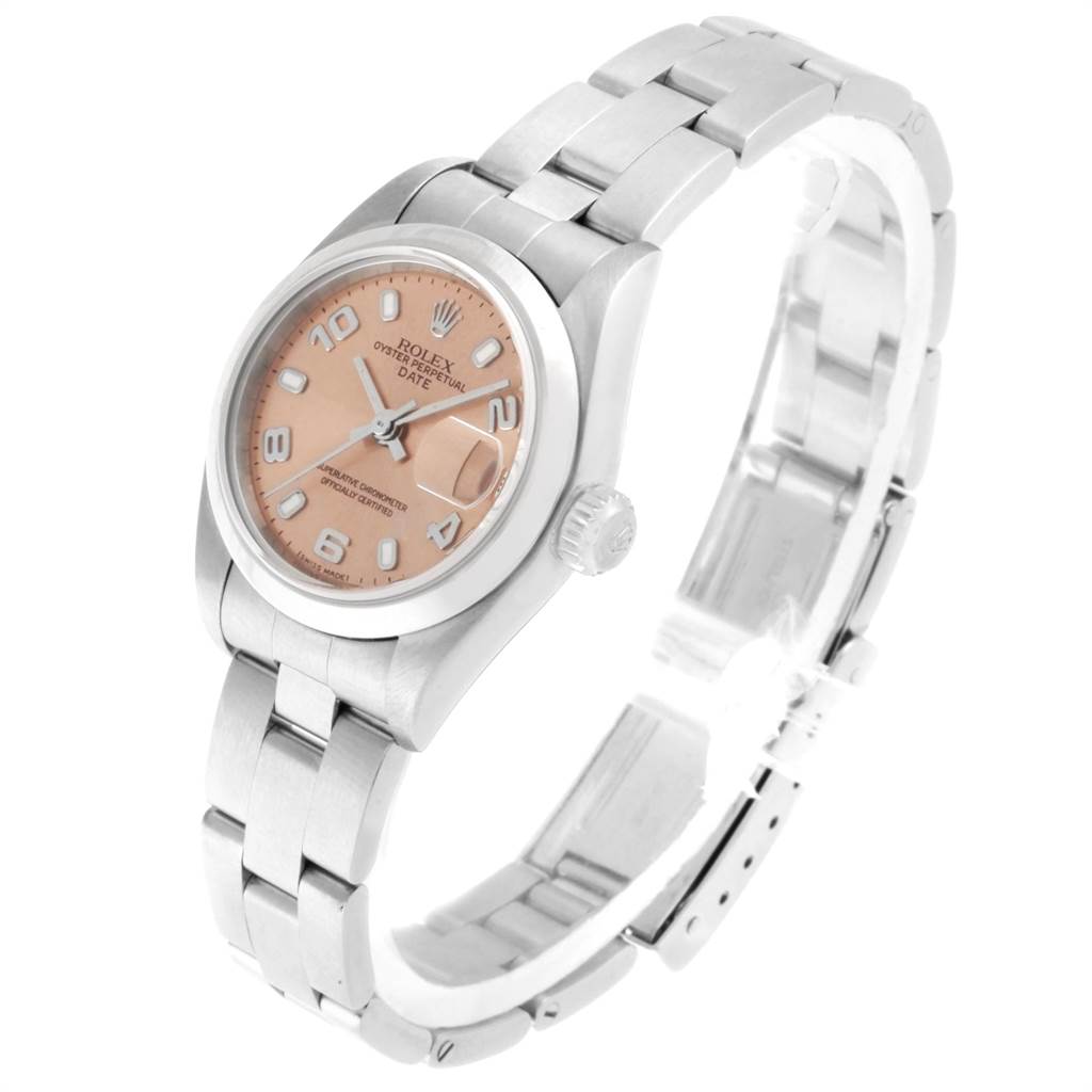 This Rolex Date 79160 Women's Stainless Steel Pink Dial 79160 Women's Stainless Steel Pink Dial model watch is shown at a three-quarter angle, displaying the face, crown, and bracelet.