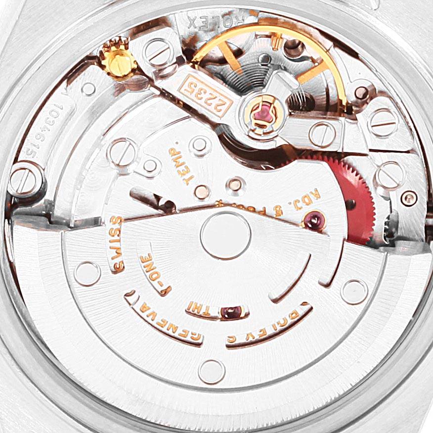 The image shows the intricate movement mechanism of the Rolex Date 79160 Women's Stainless Steel Pink Dial 79160 Women's Stainless Steel Pink Dial model watch from a close-up, internal angle.