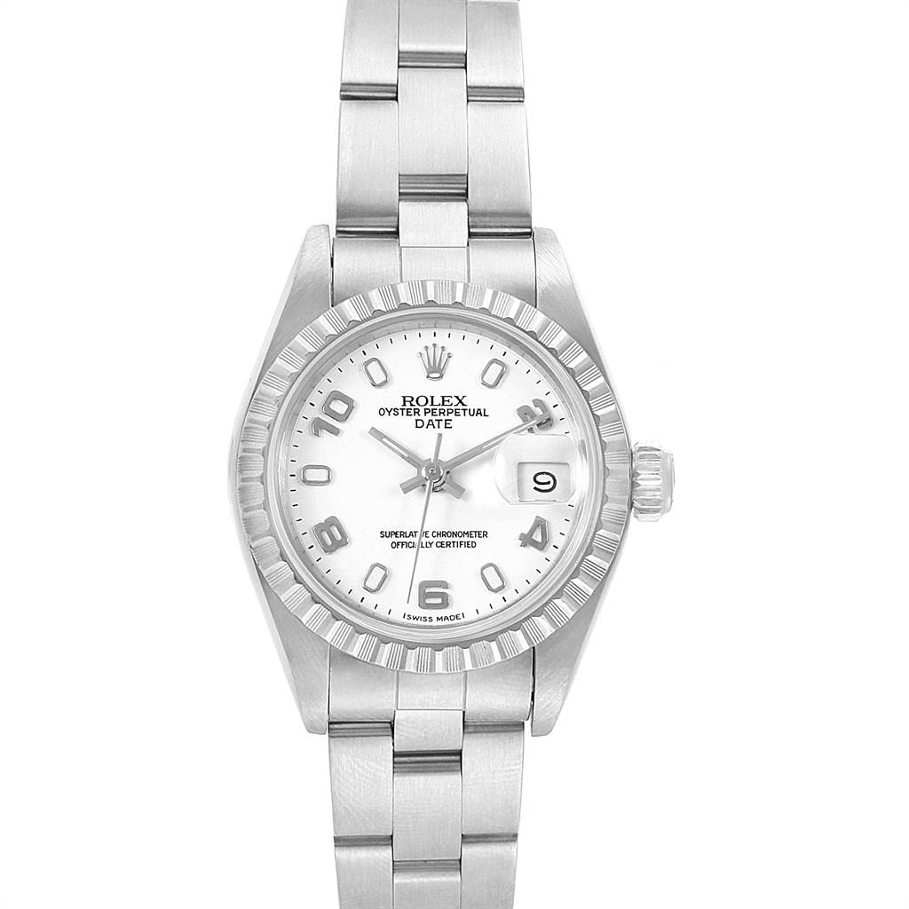 The image shows a frontal view of a Rolex Date 69240 Women's Stainless Steel White Dial 69240 Women's Stainless Steel White Dial watch displaying the dial, bezel, crown, and bracelet.