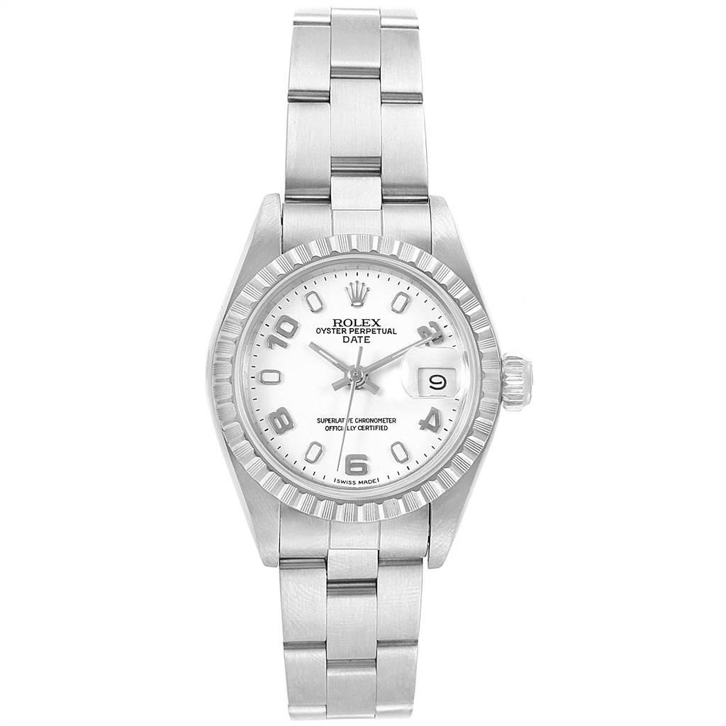 This image shows a Rolex Date 69240 Women's Stainless Steel White Dial 69240 Women's Stainless Steel White Dial model watch from a front view, displaying the dial, bezel, bracelet, and crown.