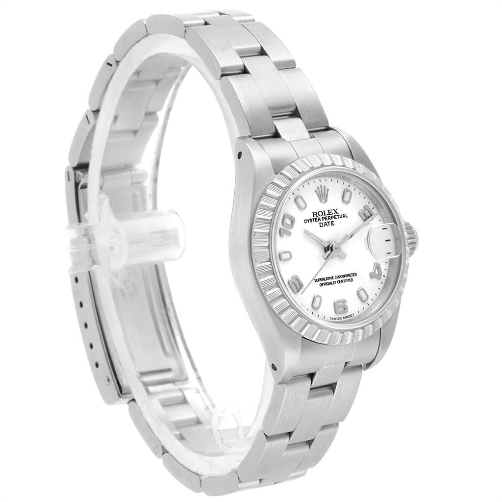 The image shows a Rolex Date 69240 Women's Stainless Steel White Dial 69240 Women's Stainless Steel White Dial model watch at a front angle, highlighting its face, bezel, and bracelet.