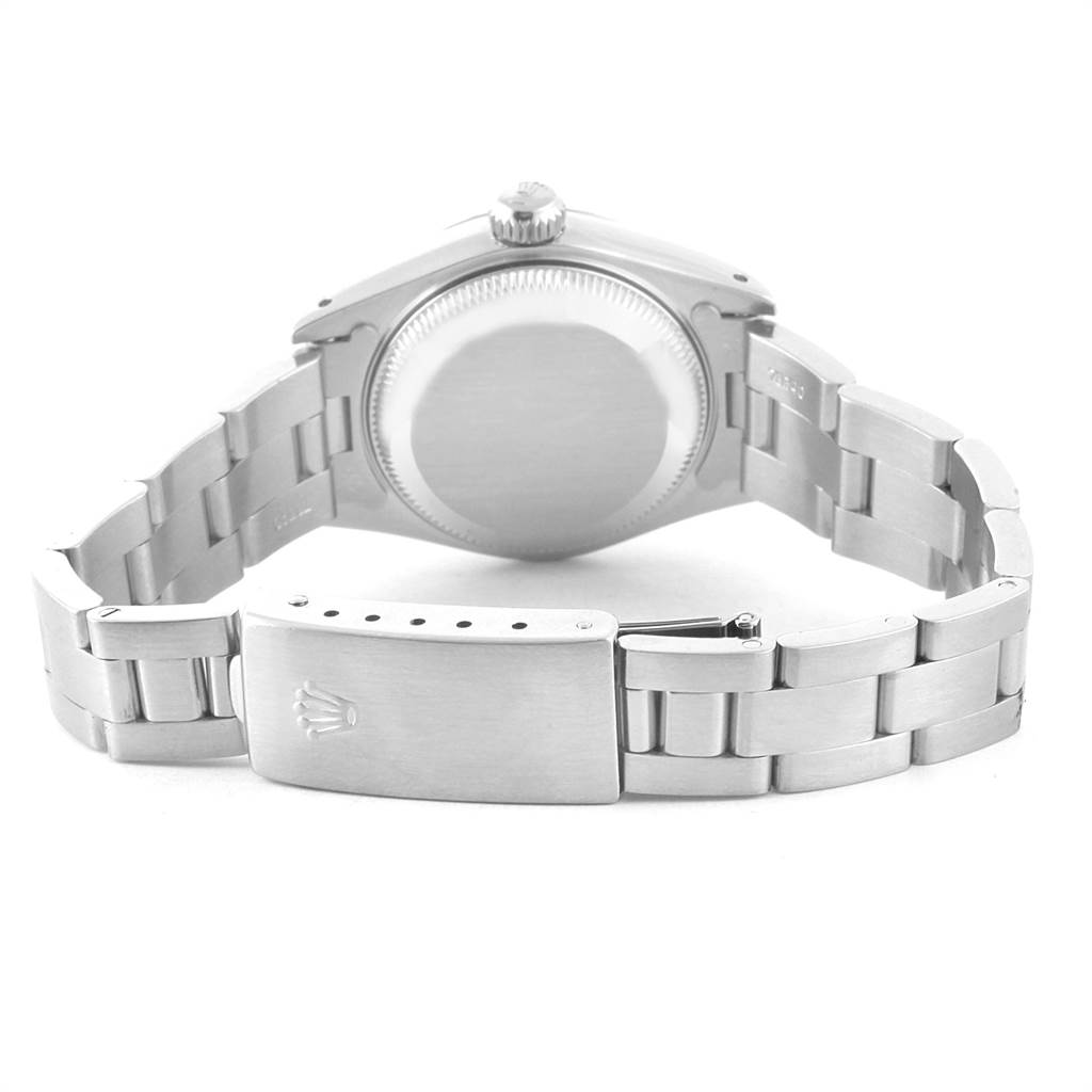 This image shows the back case and bracelet of a Rolex Date 69240 Women's Stainless Steel White Dial 69240 Women's Stainless Steel White Dial model watch from a rear angle.