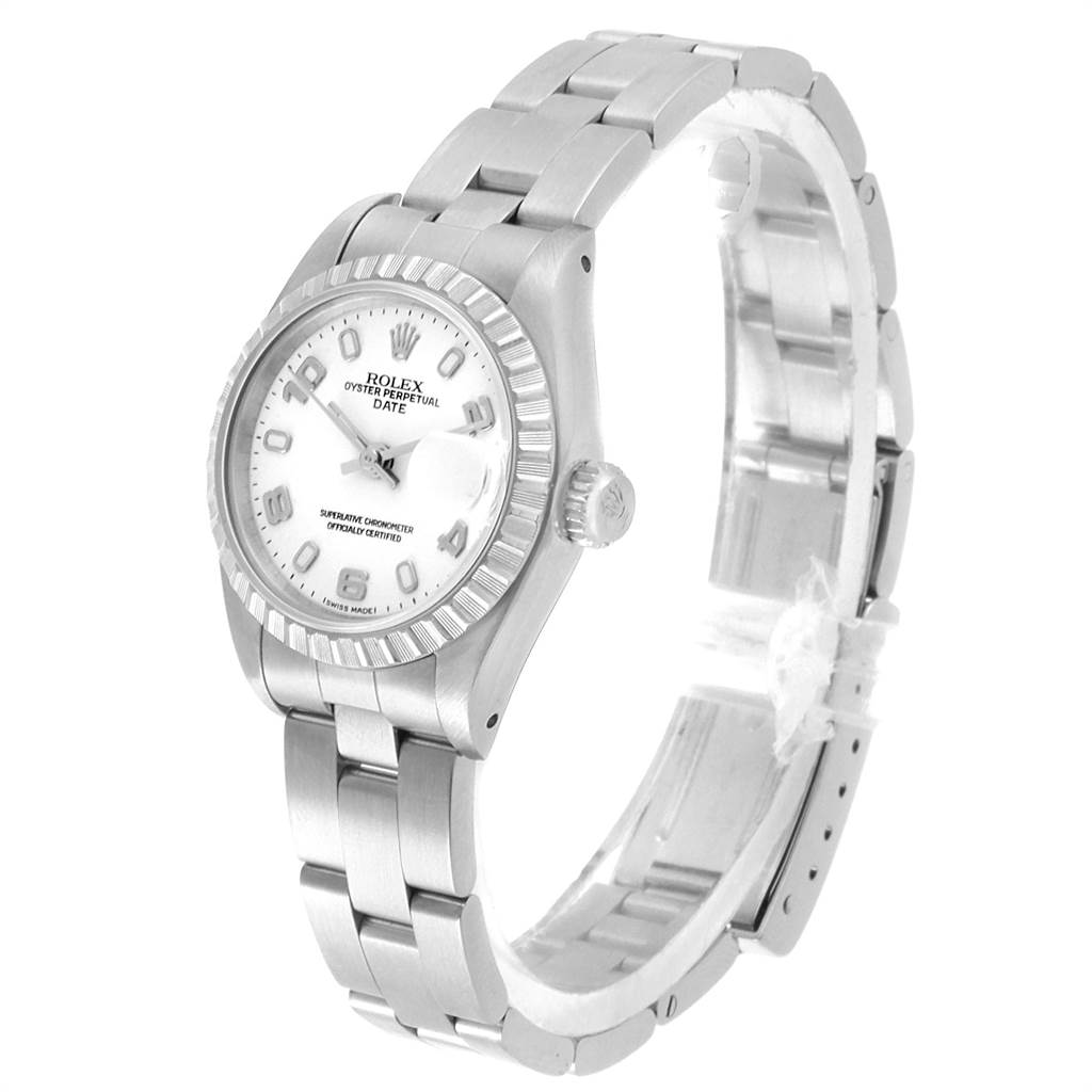 The Rolex Date 69240 Women's Stainless Steel White Dial 69240 Women's Stainless Steel White Dial model watch is shown at a slight angle, displaying the face, bezel, crown, and part of the bracelet.