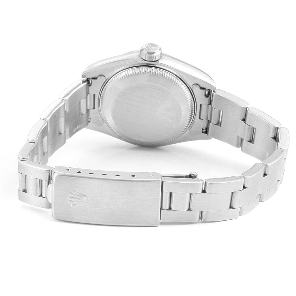 The image shows the back and bracelet clasp of a Rolex Date 79160 Women
s Stainless Steel Blue Dial 79160 Women
s Stainless Steel Blue Dial model watch, viewed from an angle behind the case.