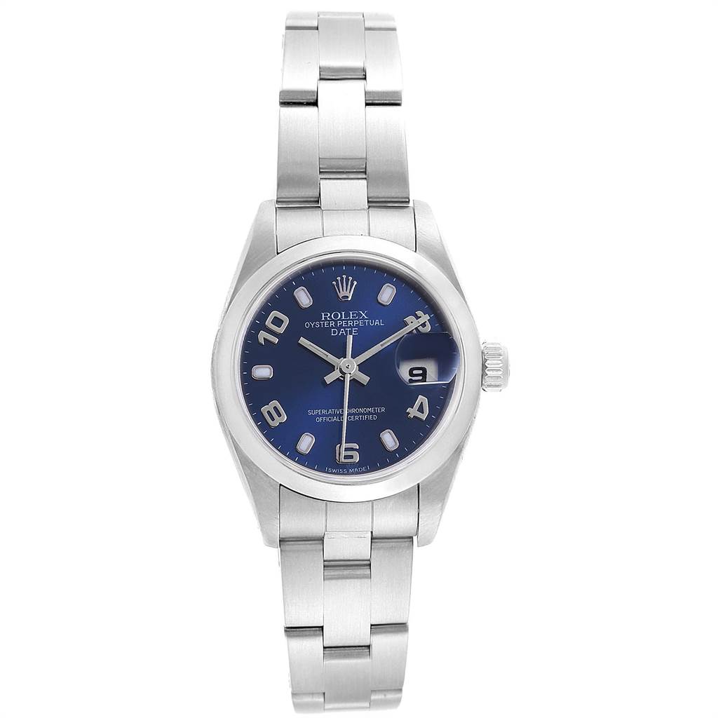 The image shows a front view of a Rolex Date 79160 Women
s Stainless Steel Blue Dial 79160 Women
s Stainless Steel Blue Dial model watch, displaying the dial, bracelet, crown, and date window.