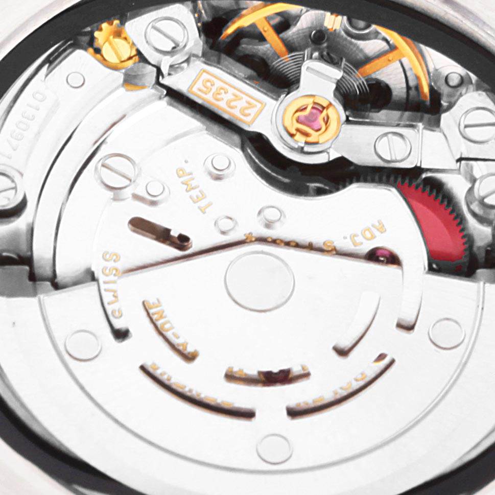 This is a close-up of the internal mechanical movement of a Rolex Date 79160 Women
s Stainless Steel Blue Dial 79160 Women
s Stainless Steel Blue Dial watch model.