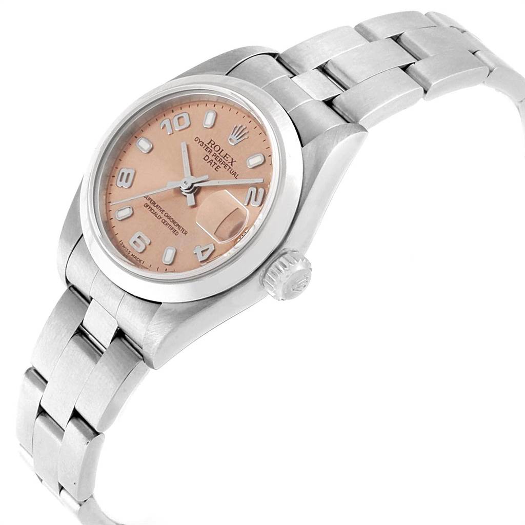 The image shows a Rolex Date 79160 Women's Stainless Steel Pink Dial 79160 Women's Stainless Steel Pink Dial model watch at an angled view, highlighting its face, crown, and part of the bracelet.