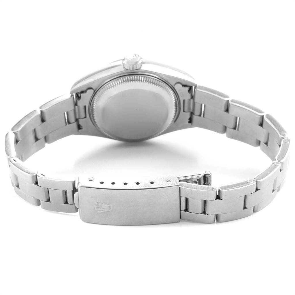 The image shows the back view of a Rolex Date 79160 Women's Stainless Steel Pink Dial 79160 Women's Stainless Steel Pink Dial model watch, highlighting the case back and bracelet clasp.