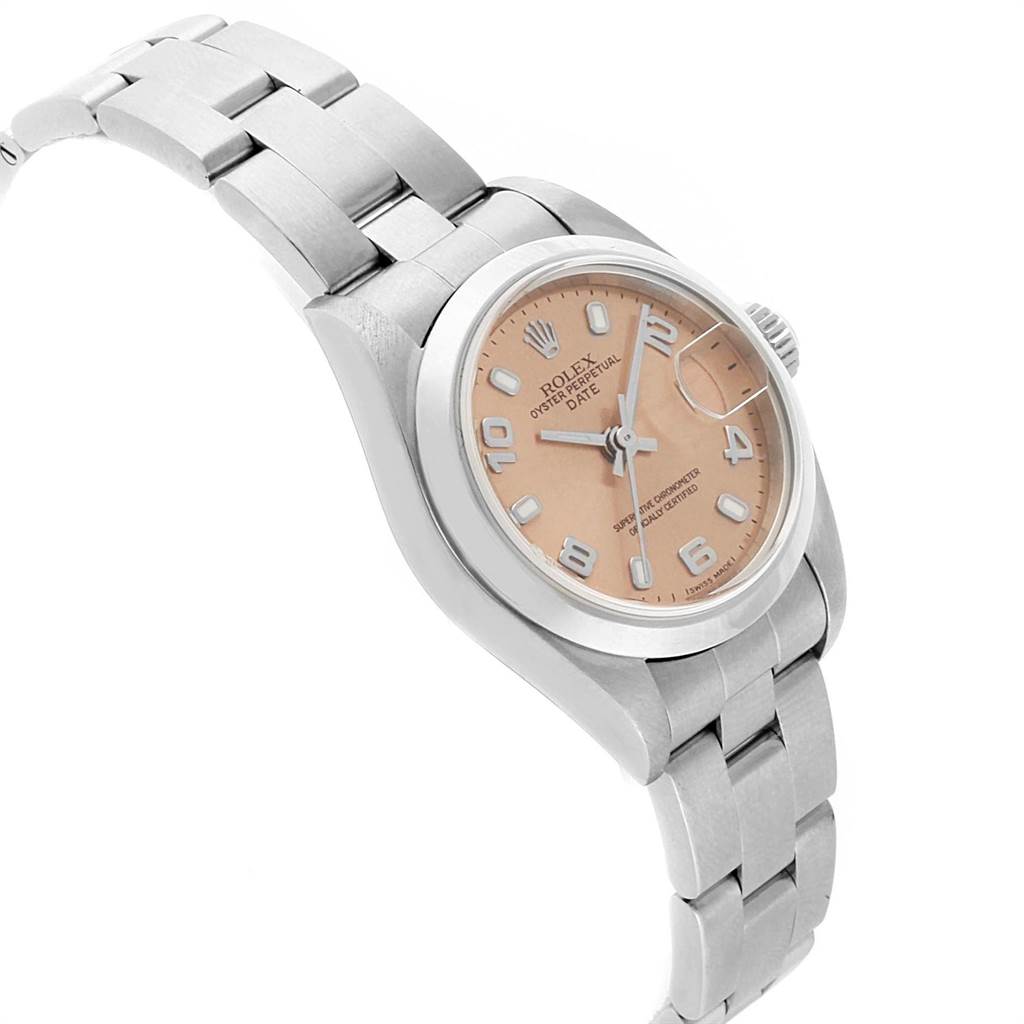 The image shows a Rolex Date 79160 Women's Stainless Steel Pink Dial 79160 Women's Stainless Steel Pink Dial model watch at a slight angle, highlighting its face and band.