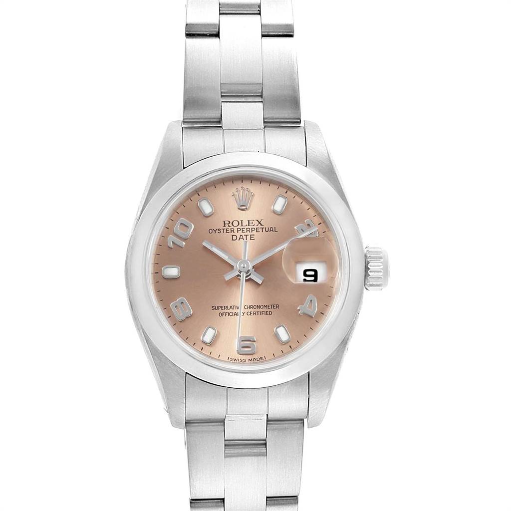 This Rolex Date 79160 Women's Stainless Steel Pink Dial 79160 Women's Stainless Steel Pink Dial model watch is shown from the front, displaying the dial, hands, date window, and part of the bracelet.