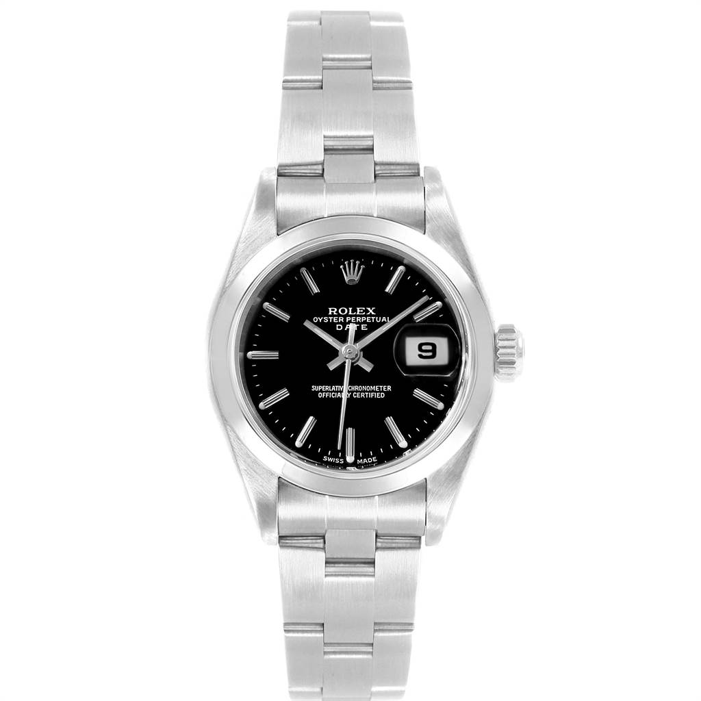 The image shows a Rolex Date 79160 Women's Stainless Steel Black Dial 79160 Women's Stainless Steel Black Dial model watch from a top-down angle, highlighting the face, bezel, and bracelet.