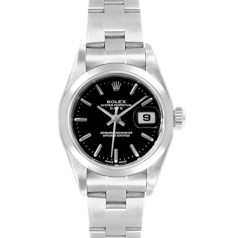 Rolex Date Black Dial Oyster Bracelet Steel Ladies Watch 79160 Papers SwissWatchExpo