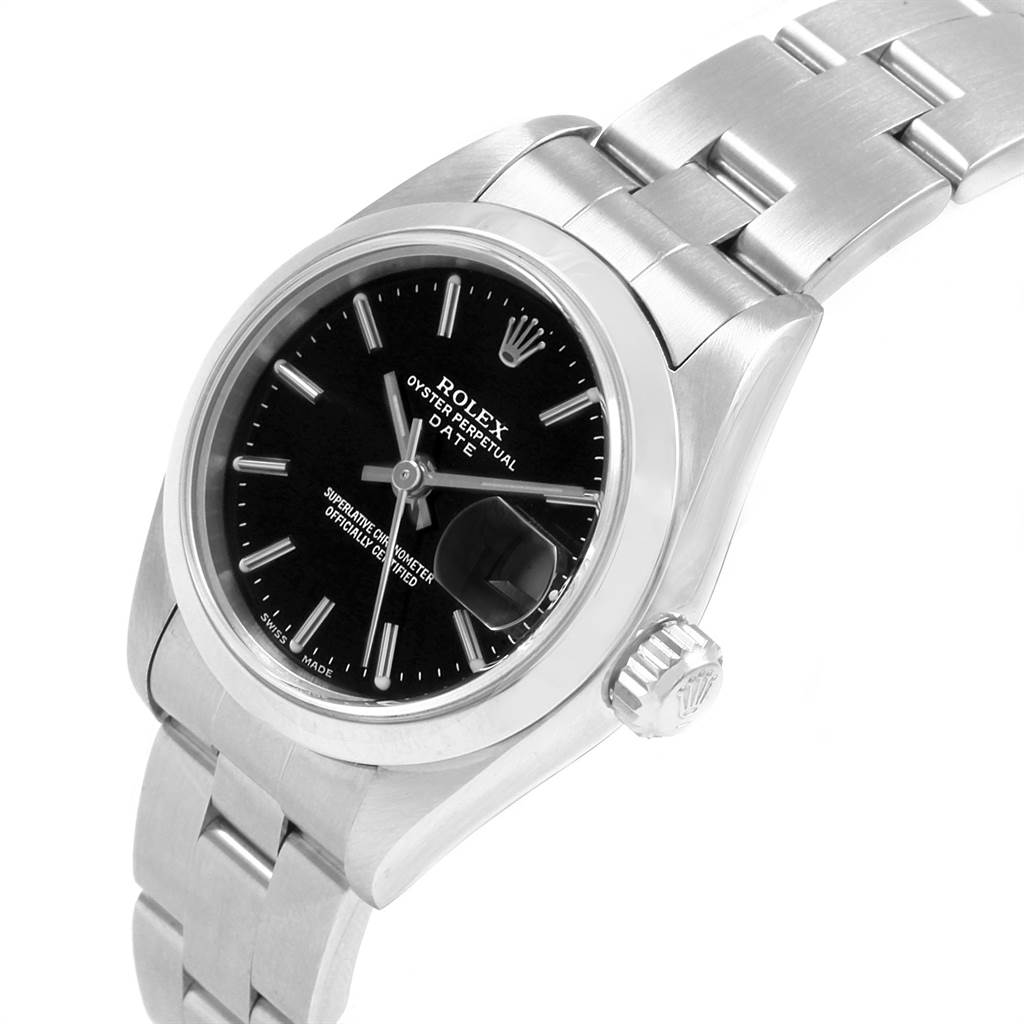 The image shows a Rolex Date 79160 Women's Stainless Steel Black Dial 79160 Women's Stainless Steel Black Dial model watch from a side angle, highlighting the face, crown, and bracelet.