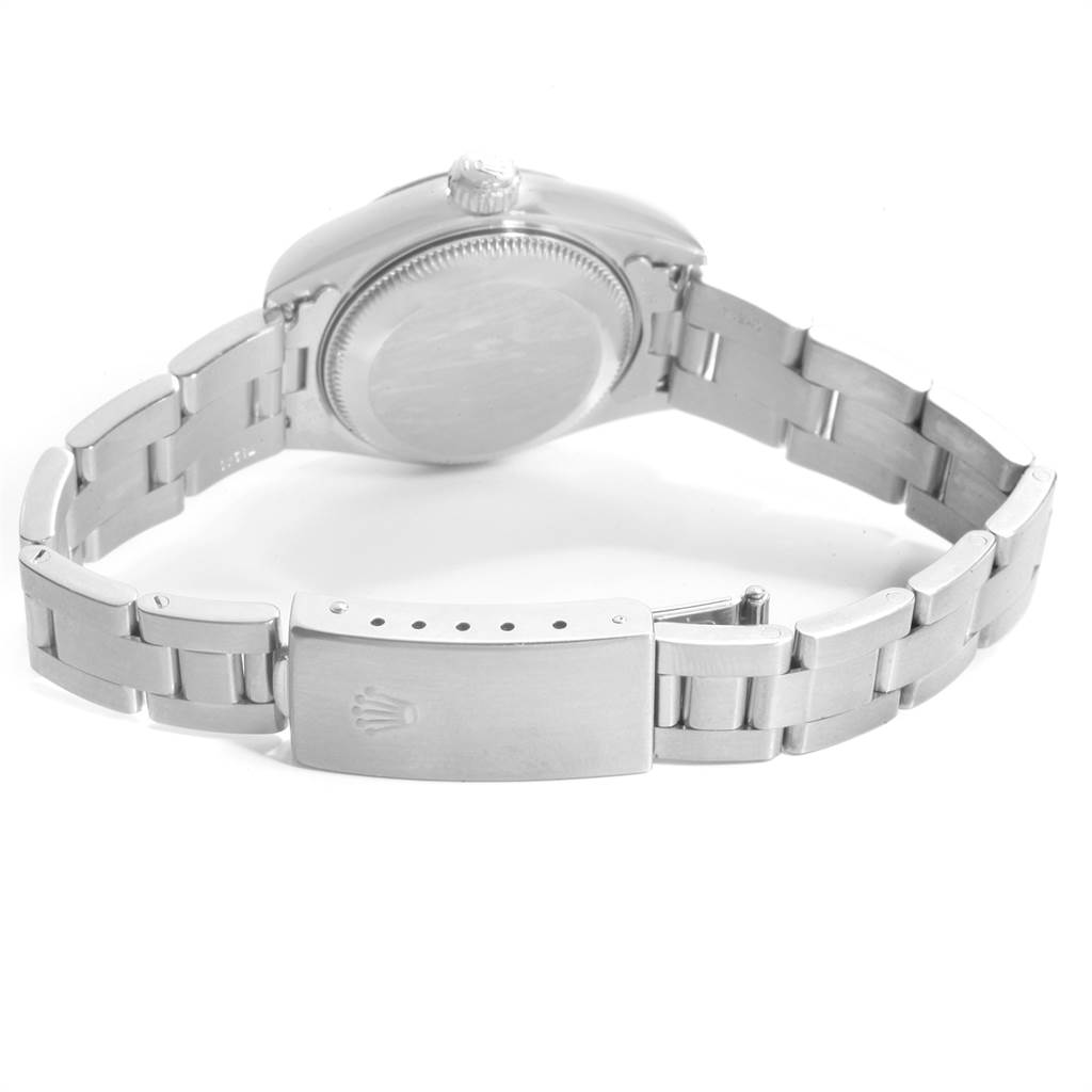 The image shows the back view and bracelet of a Rolex Date 79190 Women's Stainless Steel White Dial 79190 Women's Stainless Steel White Dial model watch, highlighting the clasp and case back.