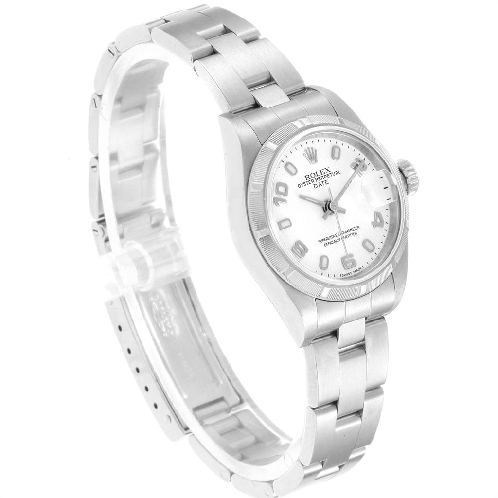 The image shows a side and angled top view of a Rolex Date 79190 Women's Stainless Steel White Dial 79190 Women's Stainless Steel White Dial model watch, highlighting its bracelet, case, and dial.