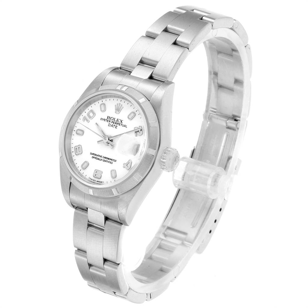 The image shows a Rolex Date 79190 Women's Stainless Steel White Dial 79190 Women's Stainless Steel White Dial model watch, angled slightly to the right, displaying the dial, bracelet, and side crown.