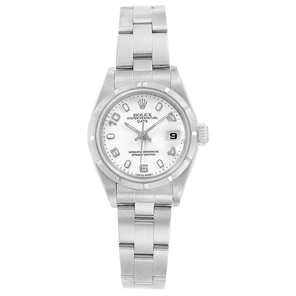 This image shows a front view of a Rolex Date 79190 Women's Stainless Steel White Dial 79190 Women's Stainless Steel White Dial model watch, displaying its face, bezel, crown, and bracelet.