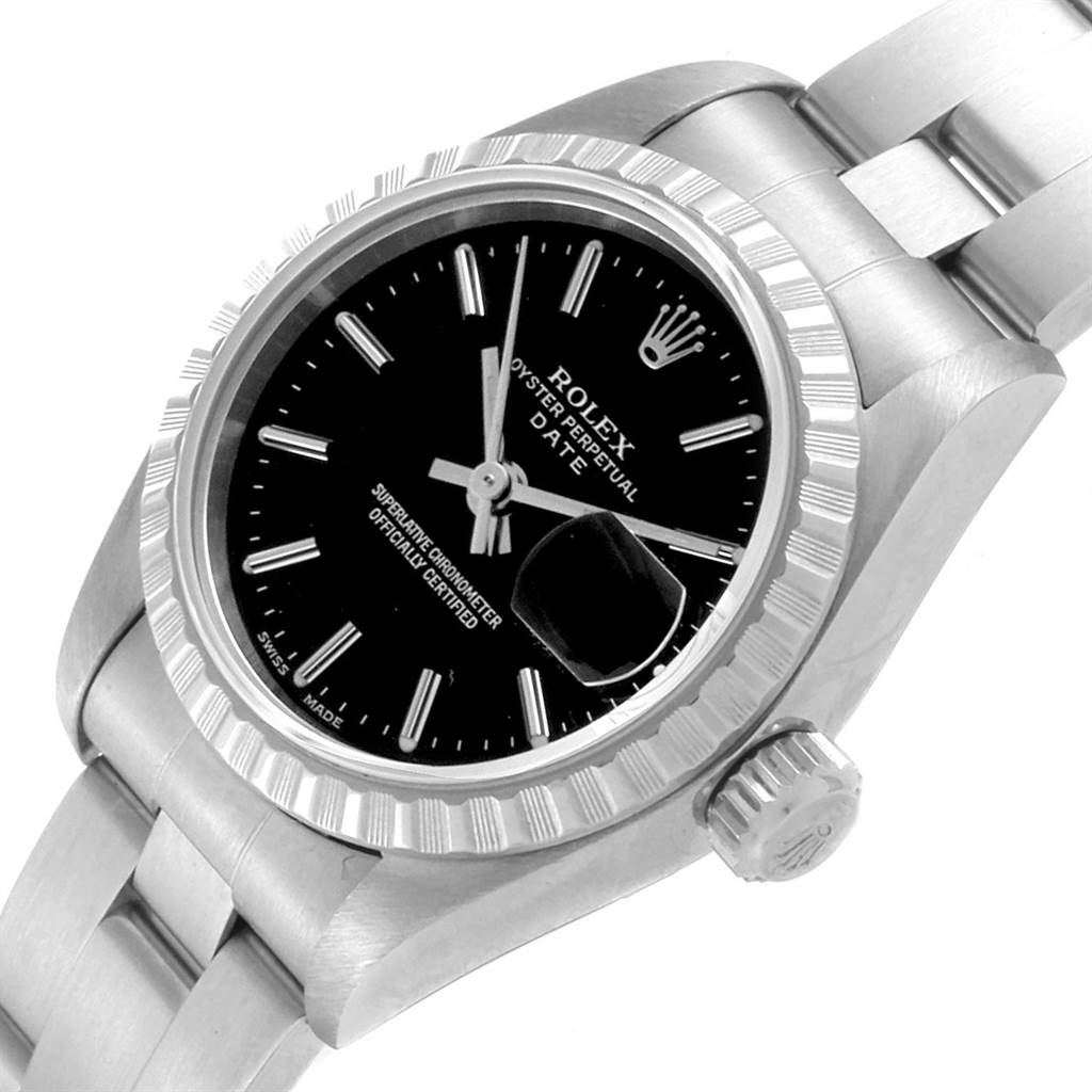 This Rolex Date 79240 Women's Stainless Steel Black Dial 79240 Women's Stainless Steel Black Dial model watch is shown at an oblique angle displaying the dial, bezel, crown, and part of the bracelet.