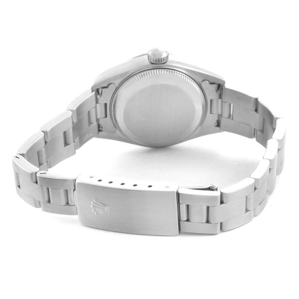 This image shows the back case and closed clasp of a Rolex Date 79240 Women's Stainless Steel Black Dial 79240 Women's Stainless Steel Black Dial model watch.