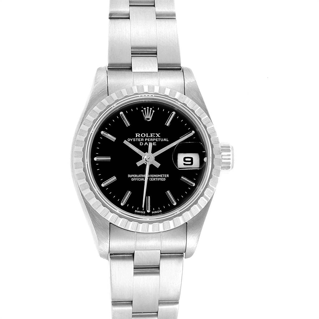 This image shows a Rolex Date 79240 Women's Stainless Steel Black Dial 79240 Women's Stainless Steel Black Dial model watch from a front angle, displaying the dial, bracelet, case, and cyclops lens.
