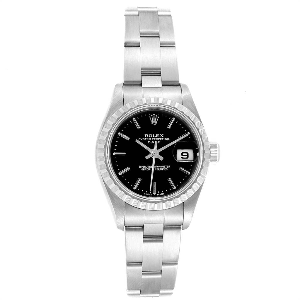 The image shows a Rolex Date 79240 Women's Stainless Steel Black Dial 79240 Women's Stainless Steel Black Dial model watch from a front angle, displaying its bracelet, black dial, date window, and fluted bezel.