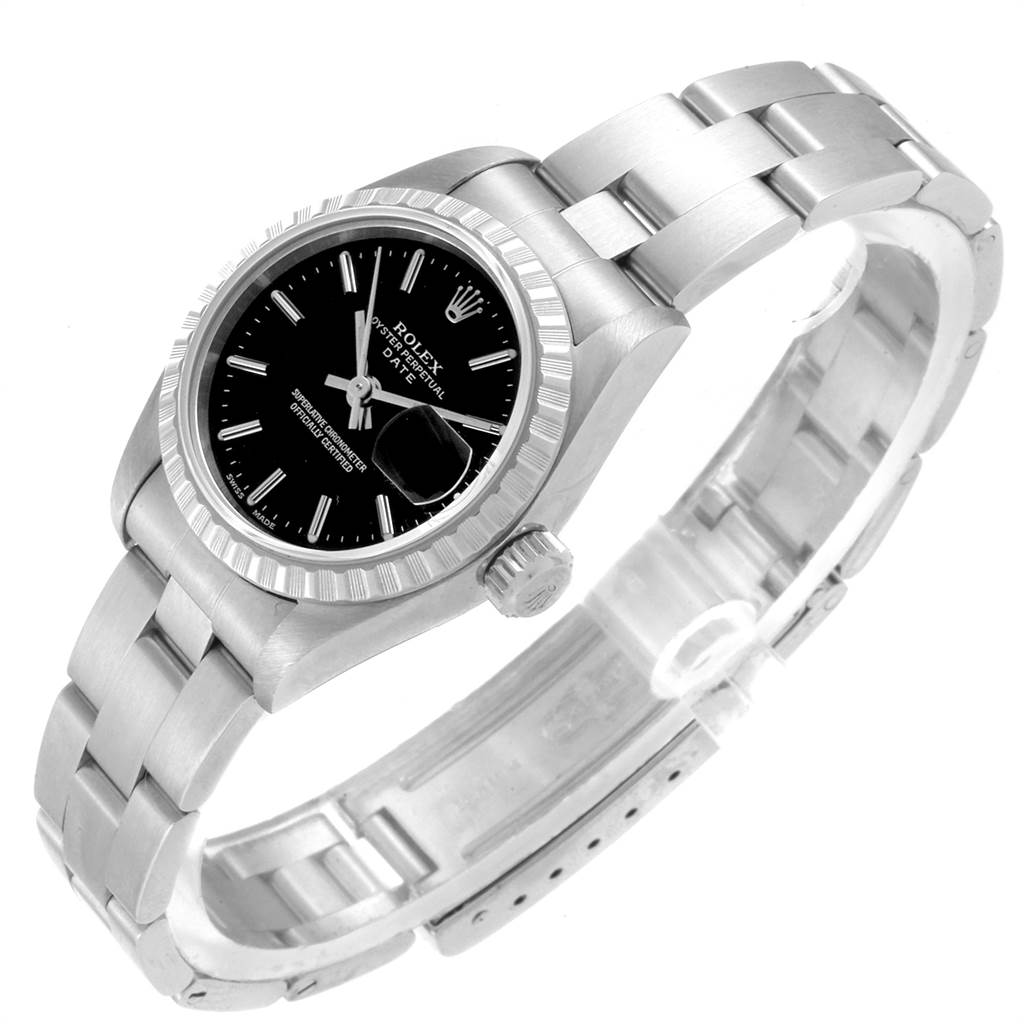 The image shows a Rolex Date 79240 Women's Stainless Steel Black Dial 79240 Women's Stainless Steel Black Dial model watch at a slight angle, highlighting its black dial, date window, bezel, and metal bracelet.