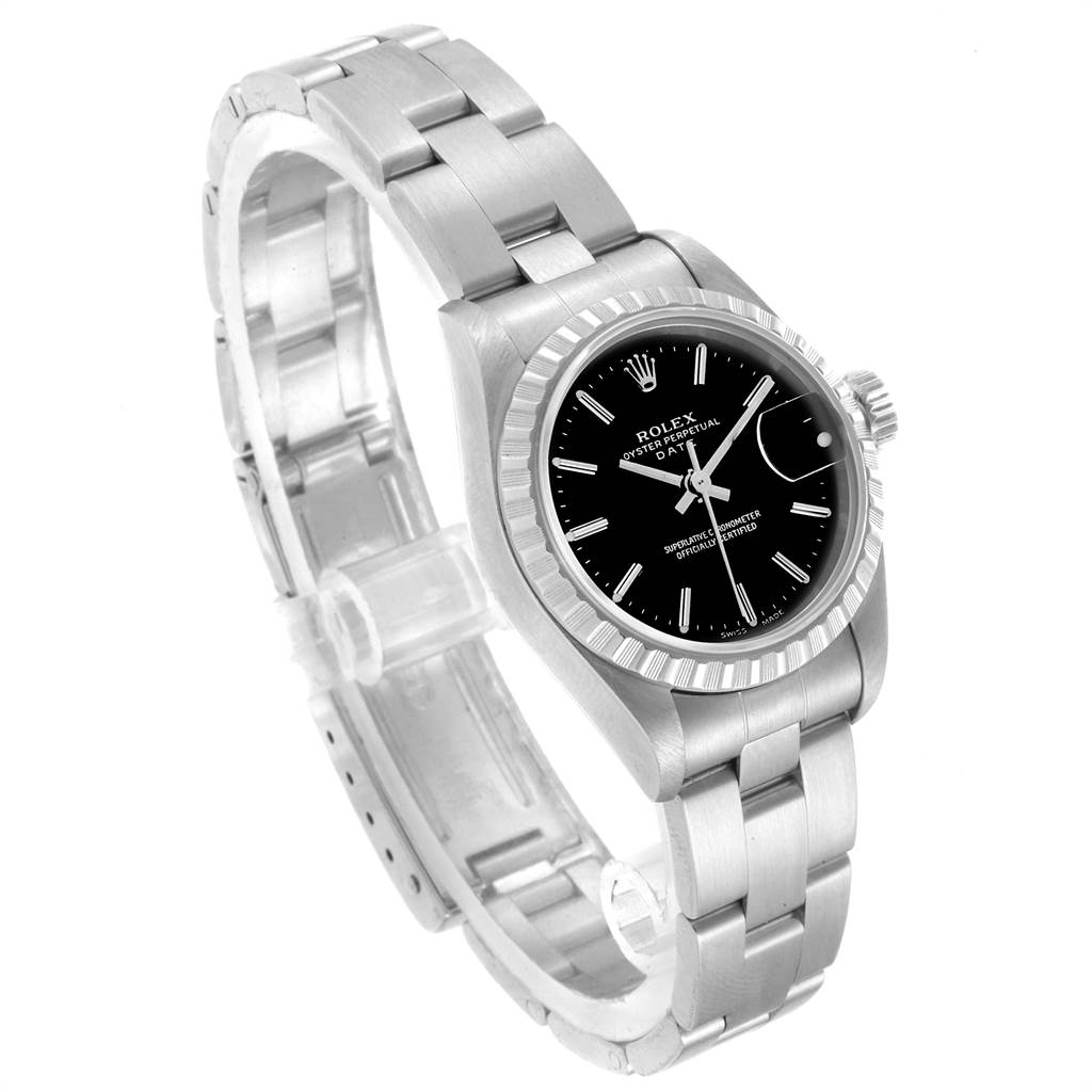 The image shows a Rolex Date 79240 Women's Stainless Steel Black Dial 79240 Women's Stainless Steel Black Dial model watch at an angled view, displaying its bezel, dial, bracelet, and clasp.