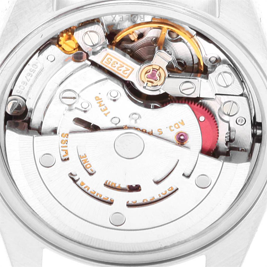 This image shows the movement mechanism of a Rolex Date 79240 Women's Stainless Steel Black Dial 79240 Women's Stainless Steel Black Dial model watch from the back angle.