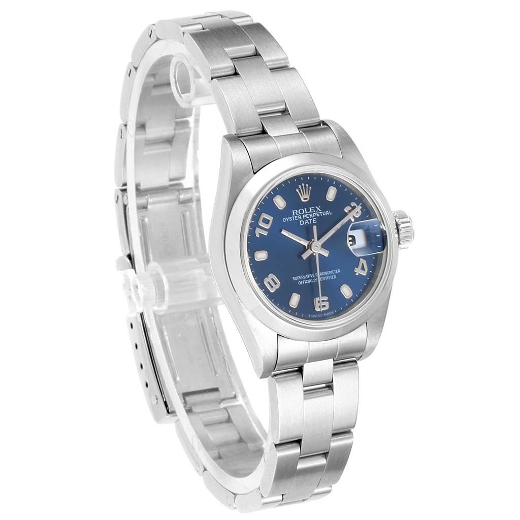 The image shows a Rolex Date 79160 Women's Stainless Steel Blue Dial 79160 Women's Stainless Steel Blue Dial watch at a slight angle, revealing its blue dial, date magnifier, and silver metal bracelet.