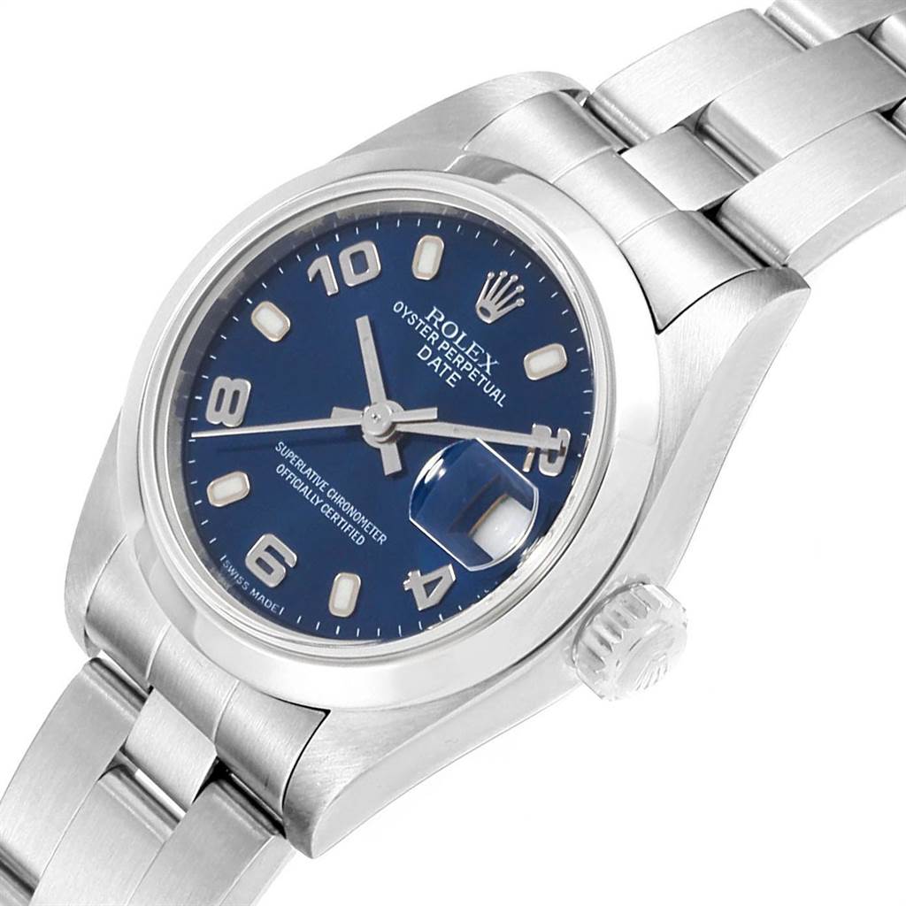 The image shows a Rolex Date 79160 Women's Stainless Steel Blue Dial 79160 Women's Stainless Steel Blue Dial model watch from an upper-left angle, highlighting its dial, crown, and part of the bracelet.