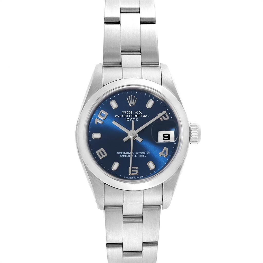 This image shows the front view of a Rolex Oyster Perpetual Date watch, featuring a blue dial and stainless steel bracelet.