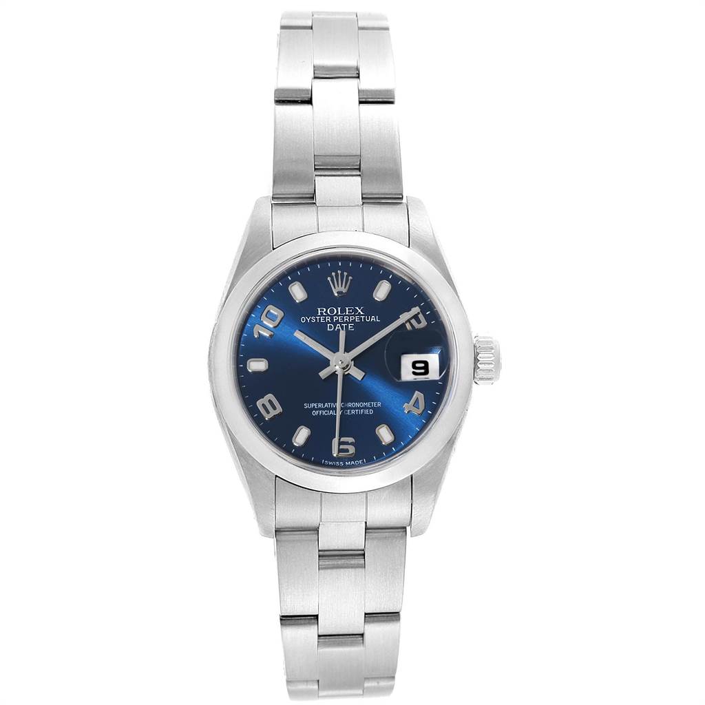 The image shows a front view of the Rolex Date 79160 Women's Stainless Steel Blue Dial 79160 Women's Stainless Steel Blue Dial model watch, featuring its blue dial and stainless steel bracelet.