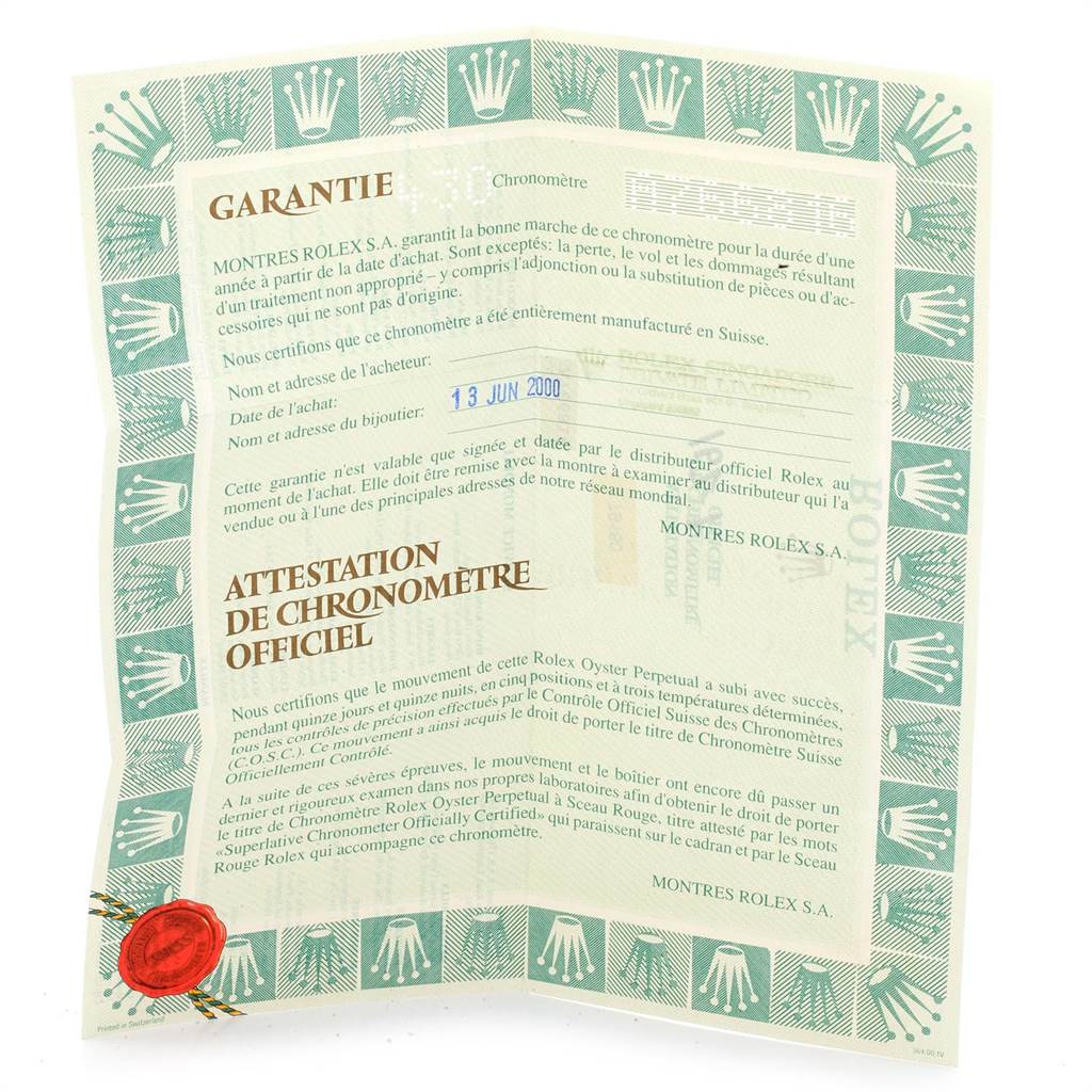 This image shows the warranty certificate for a Rolex Date 79160 Women's Stainless Steel Blue Dial 79160 Women's Stainless Steel Blue Dial model watch.