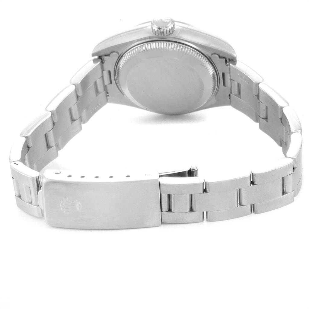 This image shows the back view and bracelet of a Rolex Date 69160 Women
s Stainless Steel Silver Dial 69160 Women
s Stainless Steel Silver Dial model watch, highlighting the clasp and case back.