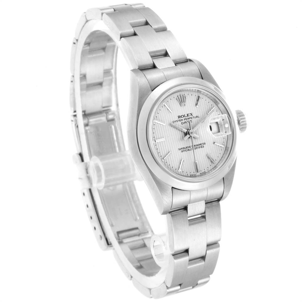 This image shows a Rolex Date 69160 Women
s Stainless Steel Silver Dial 69160 Women
s Stainless Steel Silver Dial model watch at a slight angle, highlighting the face, case, and metal bracelet.