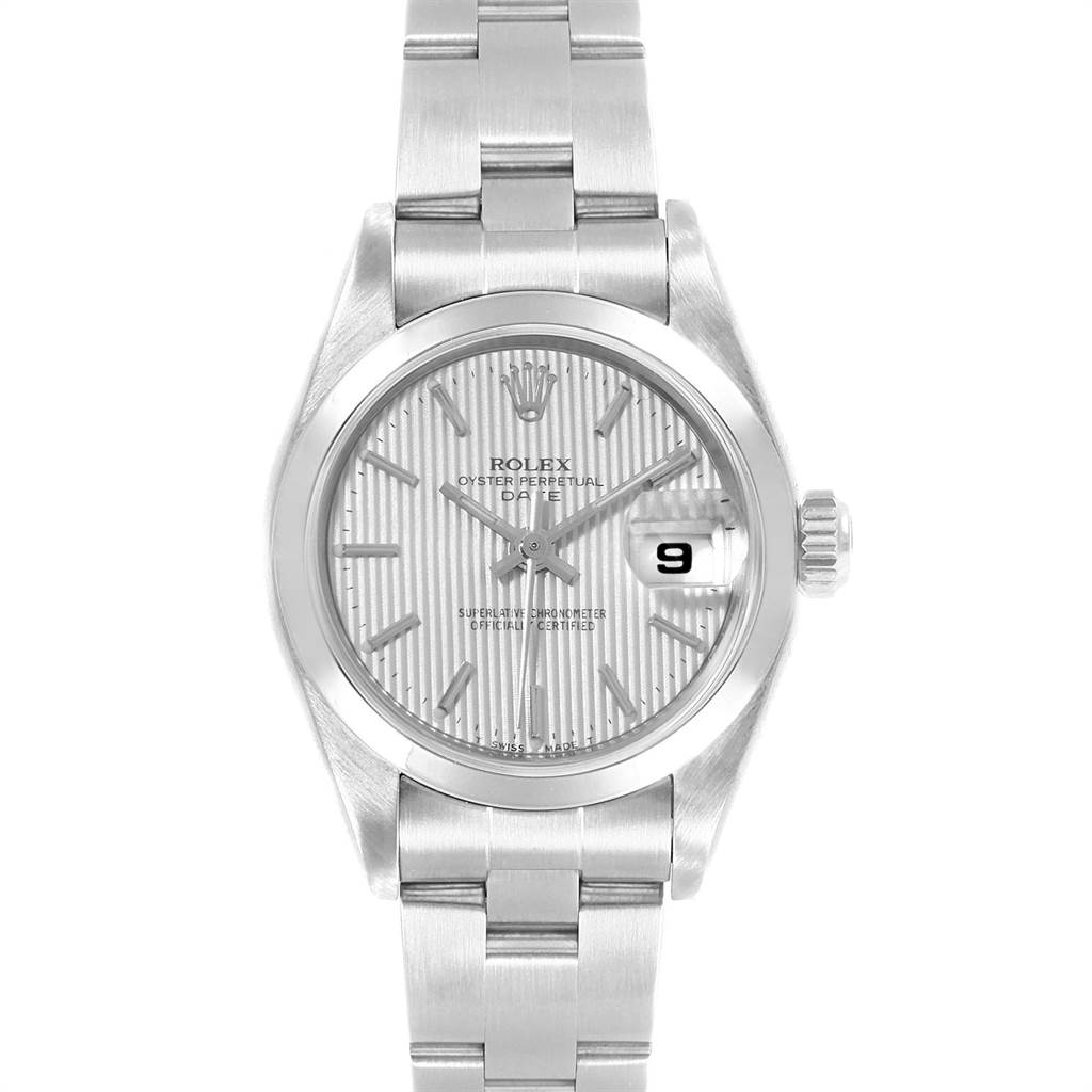 The image shows a Rolex Date 69160 Women
s Stainless Steel Silver Dial 69160 Women
s Stainless Steel Silver Dial model watch, displaying its face, bracelet, crown, and date magnification window.