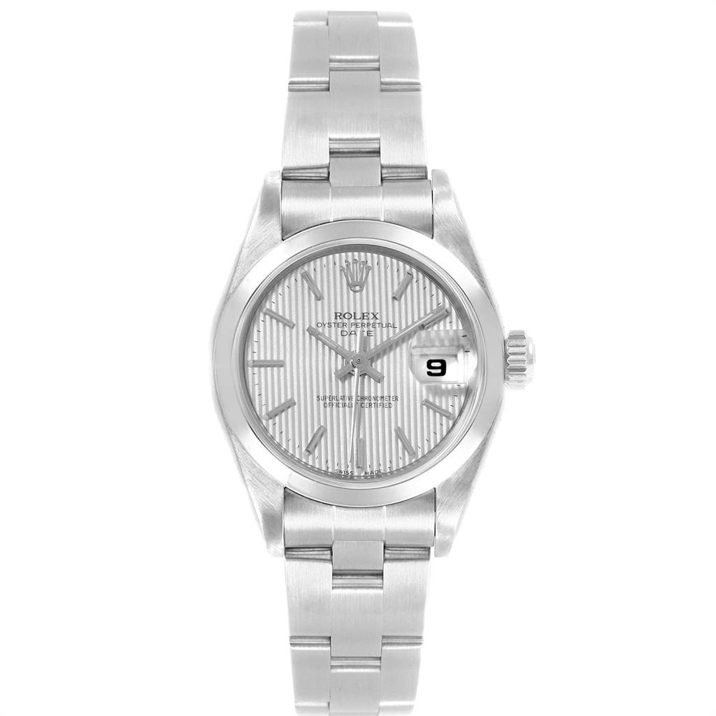 The image shows a Rolex Date 69160 Women
s Stainless Steel Silver Dial 69160 Women
s Stainless Steel Silver Dial model watch from a top-down angle, displaying its bracelet, bezel, dial, and date window.