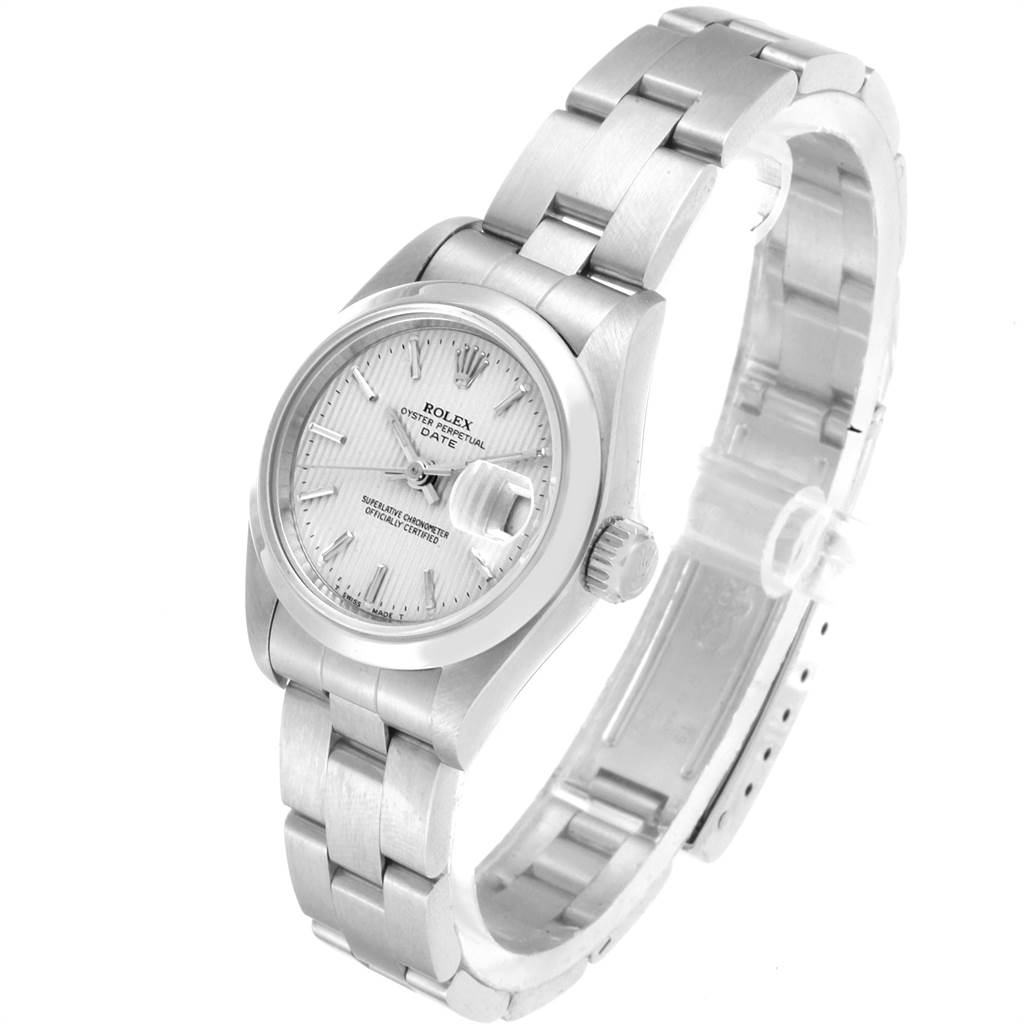 The image shows a silver Rolex Date 69160 Women
s Stainless Steel Silver Dial 69160 Women
s Stainless Steel Silver Dial model watch at a front angle, highlighting the face, bezel, bracelet, and clasp.