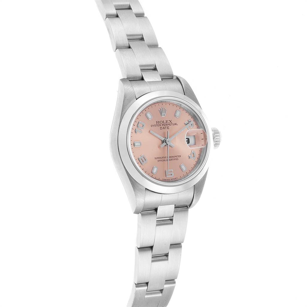 The image shows a Rolex Date 79160 Women's Stainless Steel Pink Dial 79160 Women's Stainless Steel Pink Dial model watch viewed from a front angle, highlighting its dial, case, and part of the bracelet.