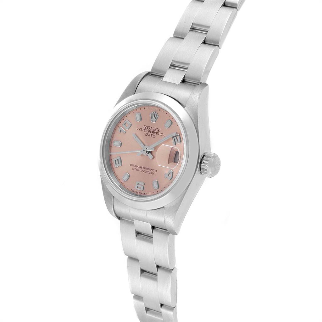 The image shows a Rolex Date 79160 Women's Stainless Steel Pink Dial 79160 Women's Stainless Steel Pink Dial model watch angled slightly from the front with its dial, bezel, crown, and part of the bracelet visible.