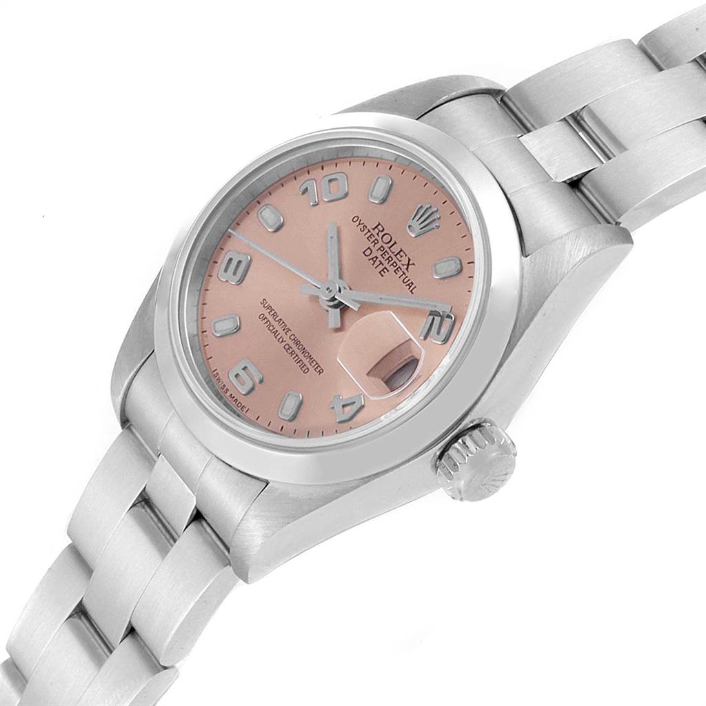The image shows a Rolex Date 79160 Women's Stainless Steel Pink Dial 79160 Women's Stainless Steel Pink Dial model watch at a slight angle, highlighting the face, bezel, crown, and part of the bracelet.