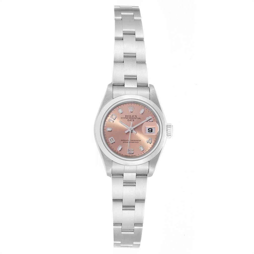 The image shows a front view of a Rolex Date 79160 Women's Stainless Steel Pink Dial 79160 Women's Stainless Steel Pink Dial model watch featuring a pink dial and metal bracelet.