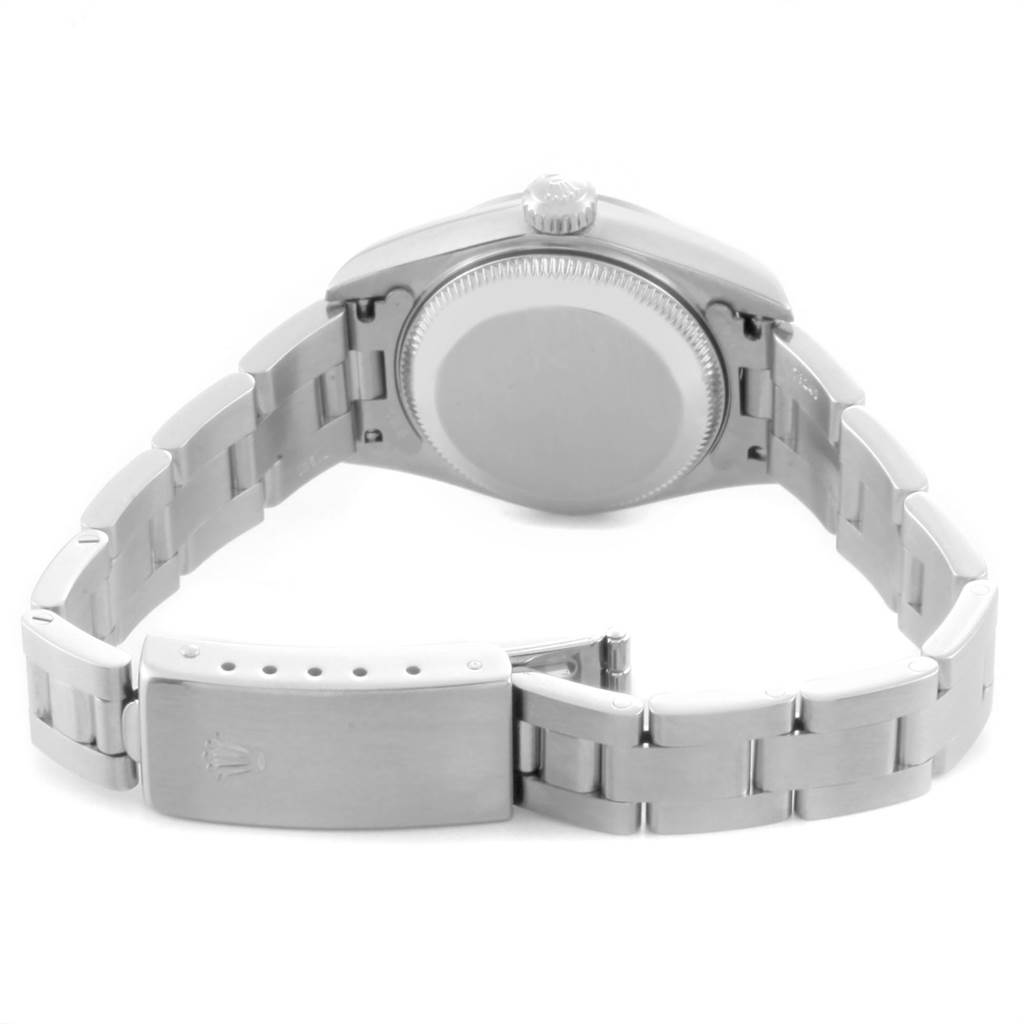 The image shows the back case and bracelet of a Rolex Date 79160 Women's Stainless Steel Pink Dial 79160 Women's Stainless Steel Pink Dial model watch from a rear angle.