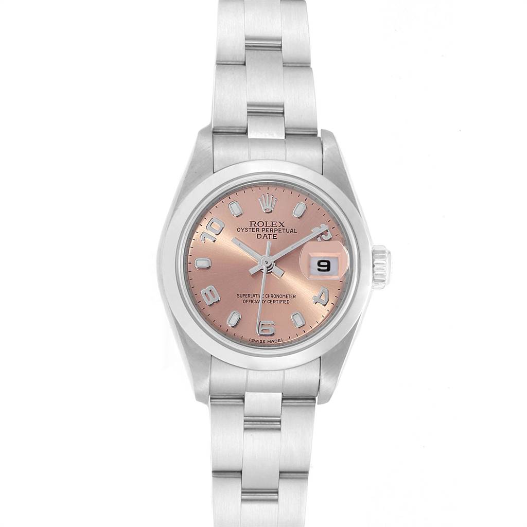 The Rolex Date 79160 Women's Stainless Steel Pink Dial 79160 Women's Stainless Steel Pink Dial model watch is shown from a front angle, displaying the dial, case, and bracelet.