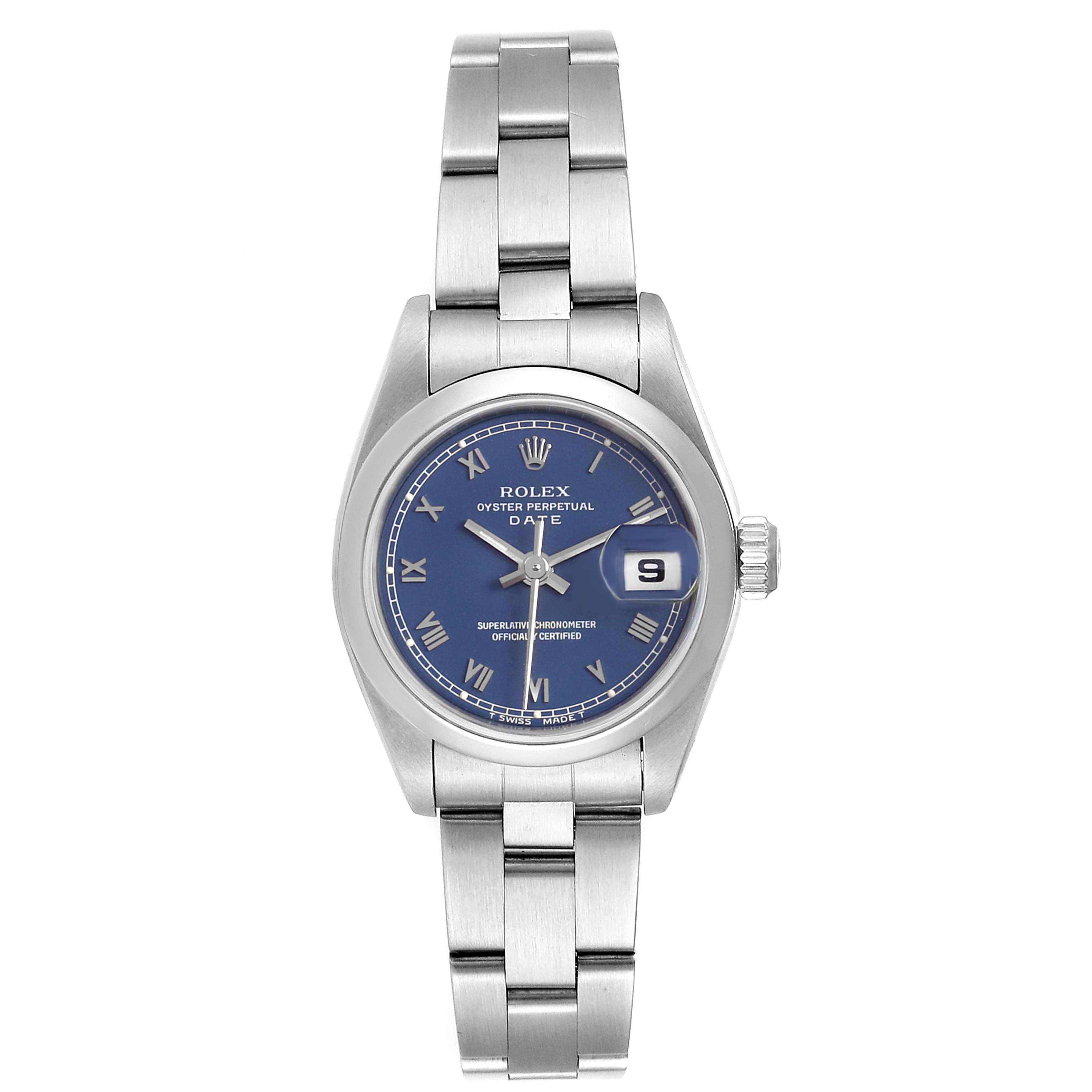 The image shows a frontal view of a Rolex Date 69160 Women
s Stainless Steel Blue Dial 69160 Women
s Stainless Steel Blue Dial model watch, highlighting the dial, bracelet, and date window.