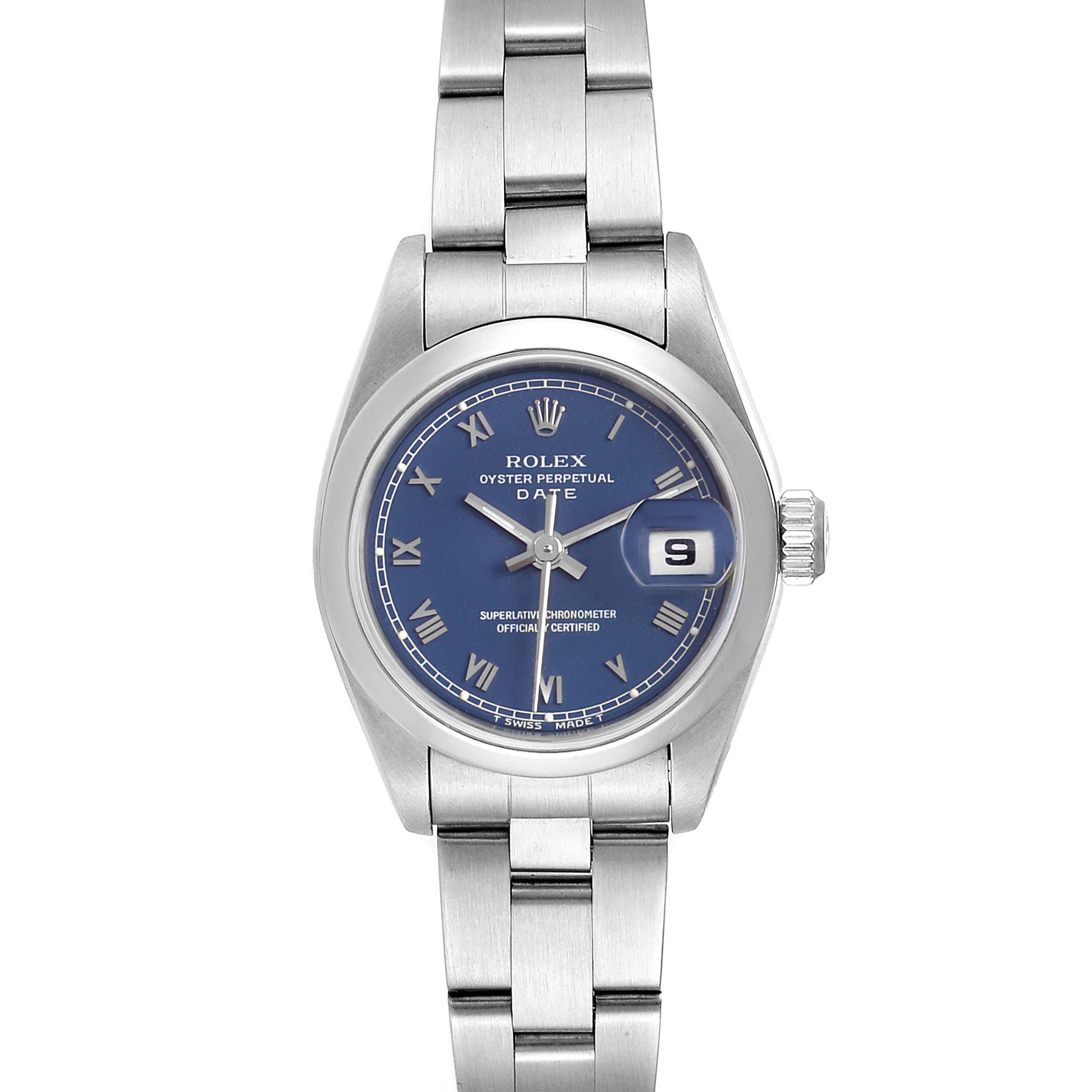 The image shows a front view of a Rolex Oyster Perpetual Date watch featuring its dial, bracelet, and date window.