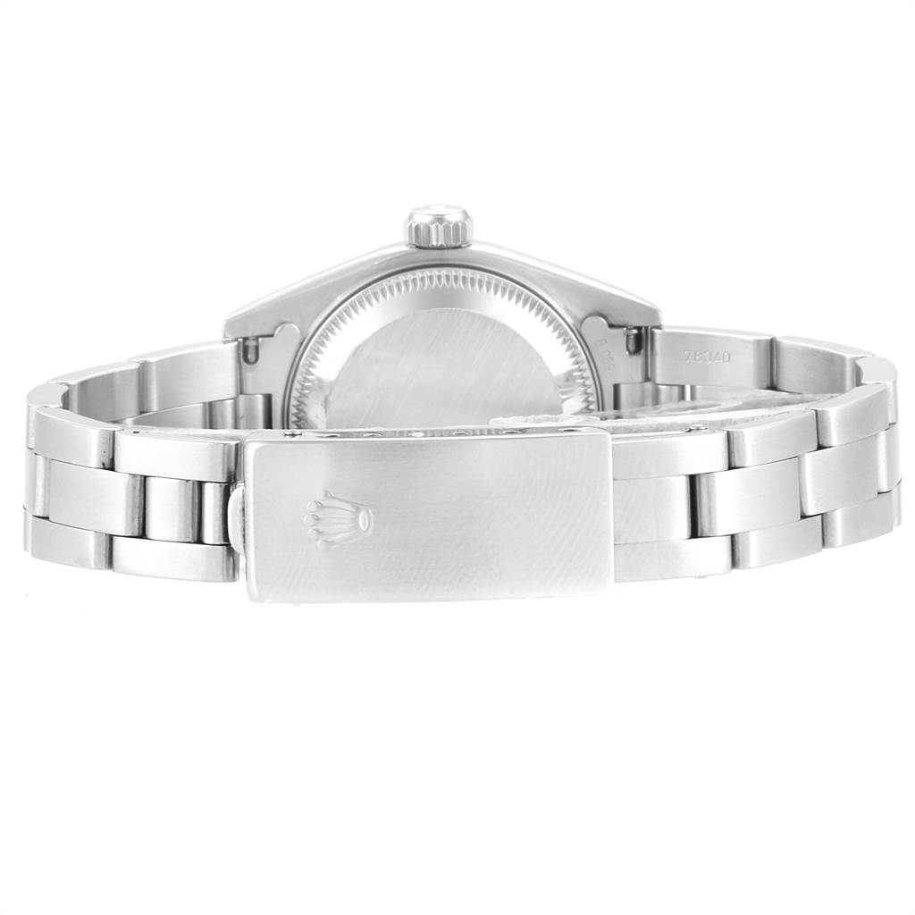 The image shows the back and clasp of the Rolex Date 69160 Women
s Stainless Steel Blue Dial 69160 Women
s Stainless Steel Blue Dial model watch with a stainless steel bracelet.