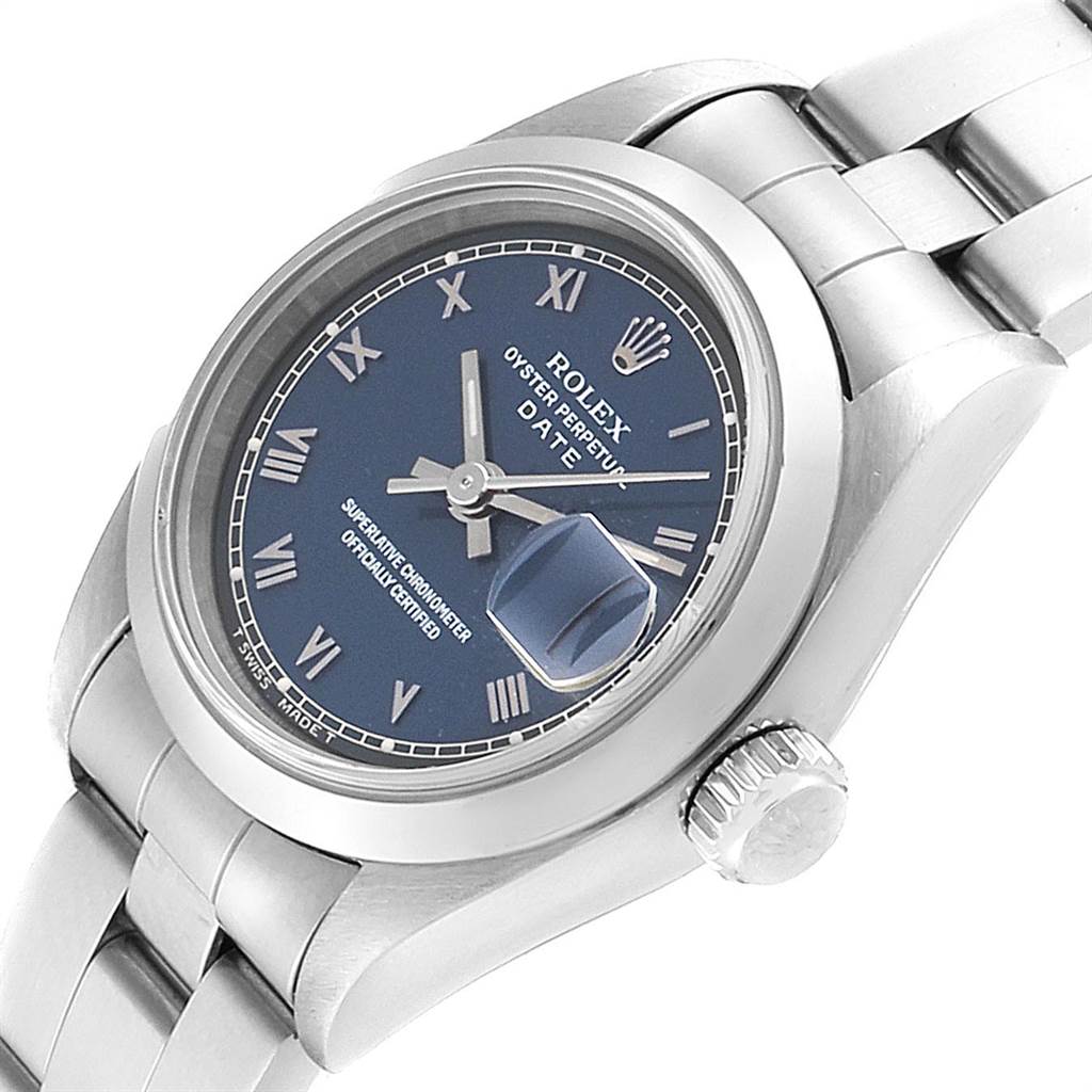 The image shows a Rolex Date 69160 Women
s Stainless Steel Blue Dial 69160 Women
s Stainless Steel Blue Dial model watch from an angled side view, highlighting the dial, crown, and bracelet.